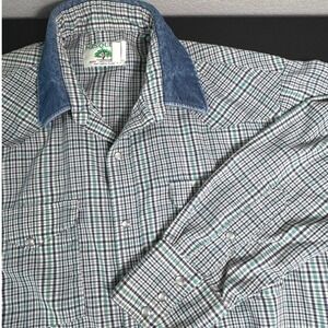 MESQUITE Plaid Long Sleeve Western Shirt Denim Collar Pearl Snap Mens 16.5-35